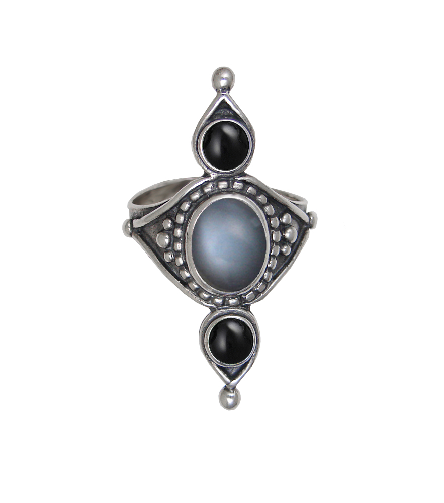 Sterling Silver Royal Ring With Grey Moonstone And Black Onyx Size 6